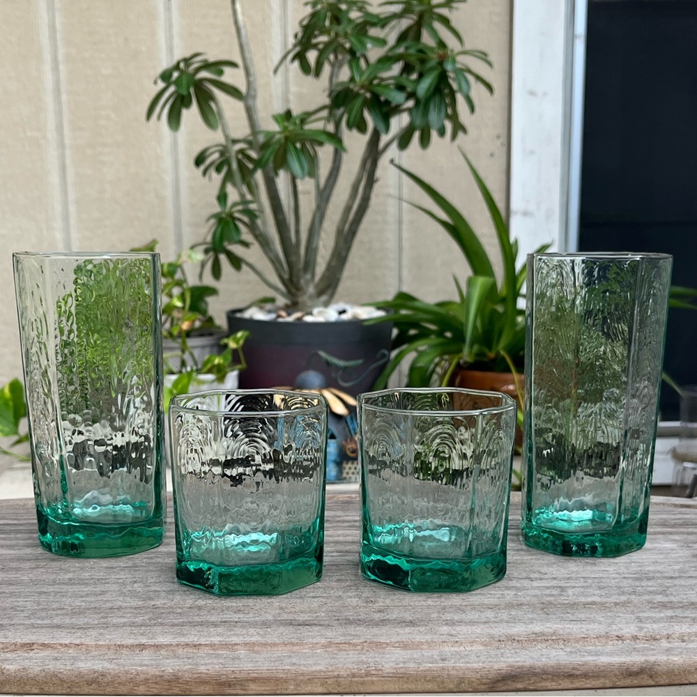 Vintage Set of 4 Libbey Facets Tumblers~Light Green, 2 highball, 2 lowball
